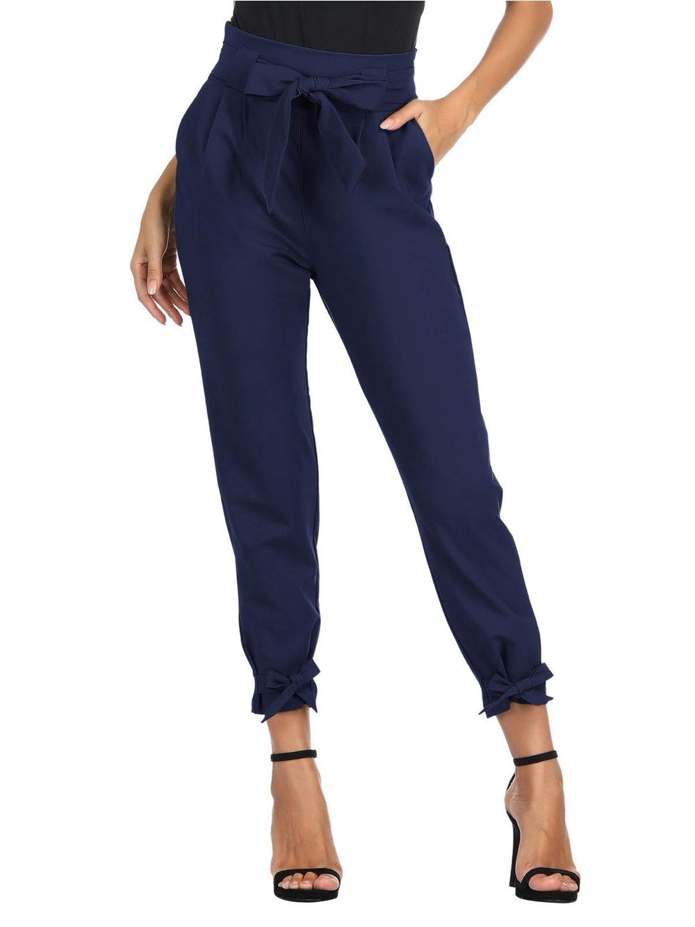 Grace Karin Navy High-Waist Tie-Belt Paperbag Ankle Work Office Pants